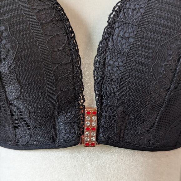 Black Lace Plunge Wireless Bra Rose Gold Clasp Adjustable Straps Band Size 36 - Picture 3 of 9